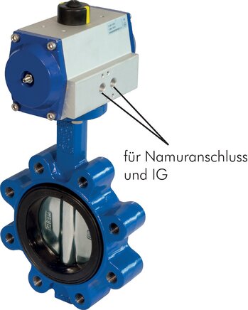 Exemplarische Darstellung: Anflanschklappe (mit Innengewinde) mit pneumatischem Drehantrieb