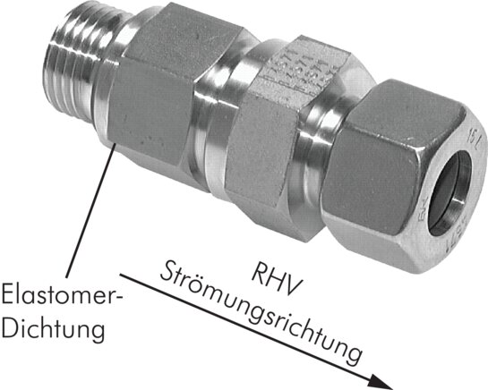 Exemplarische Darstellung: Rückschlagventil (Durchfluss vom Gewinde zum Rohr, 1.4571)